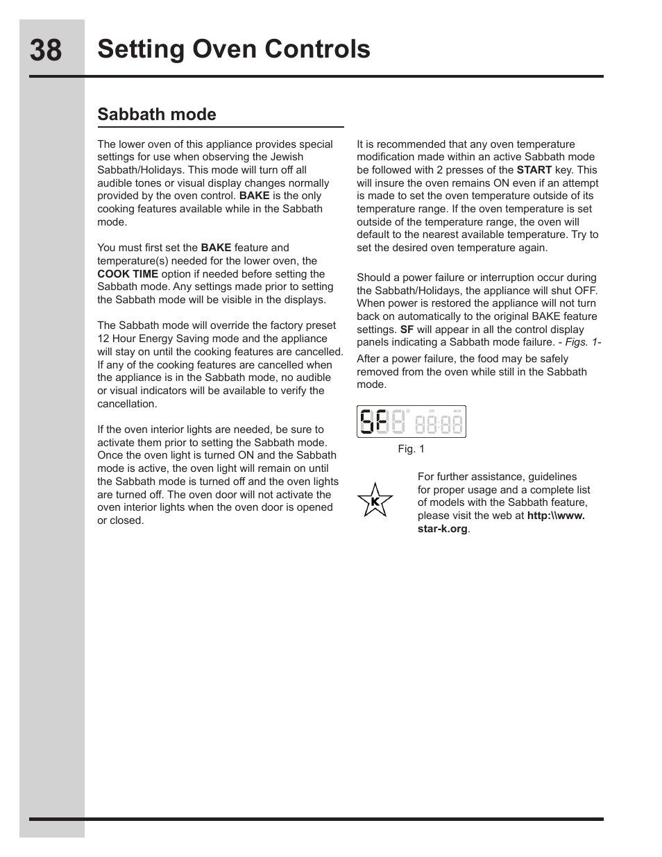 Setting oven controls, Sabbath mode | Electrolux EW30GS75KS User Manual | Page 38 / 56