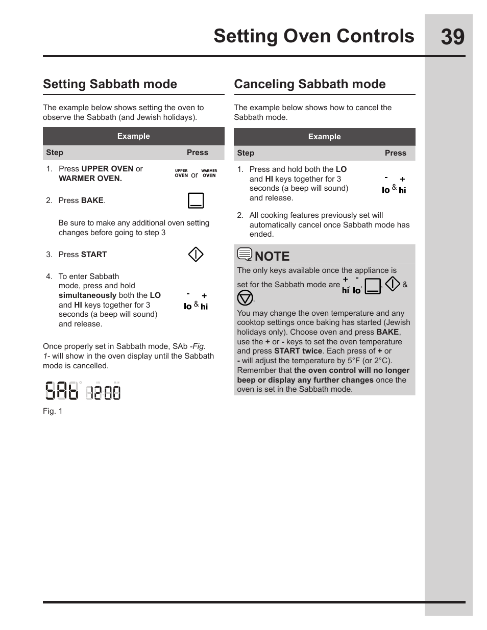 Setting oven controls, Canceling sabbath mode, Setting sabbath mode | Electrolux EW30GS75KS User Manual | Page 39 / 56