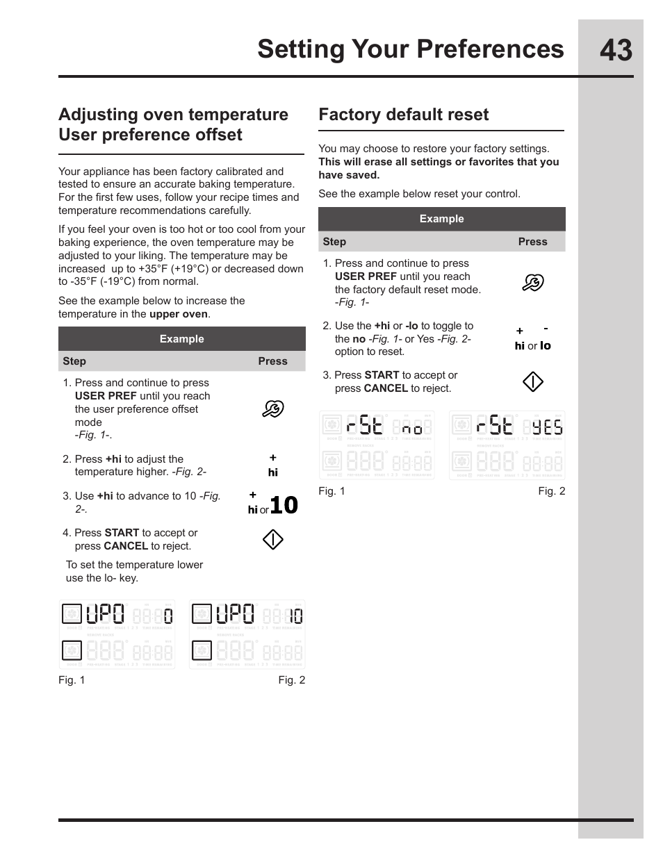 Setting your preferences, Adjusting oven temperature user preference offset, Factory default reset | Electrolux EW30GS75KS User Manual | Page 43 / 56