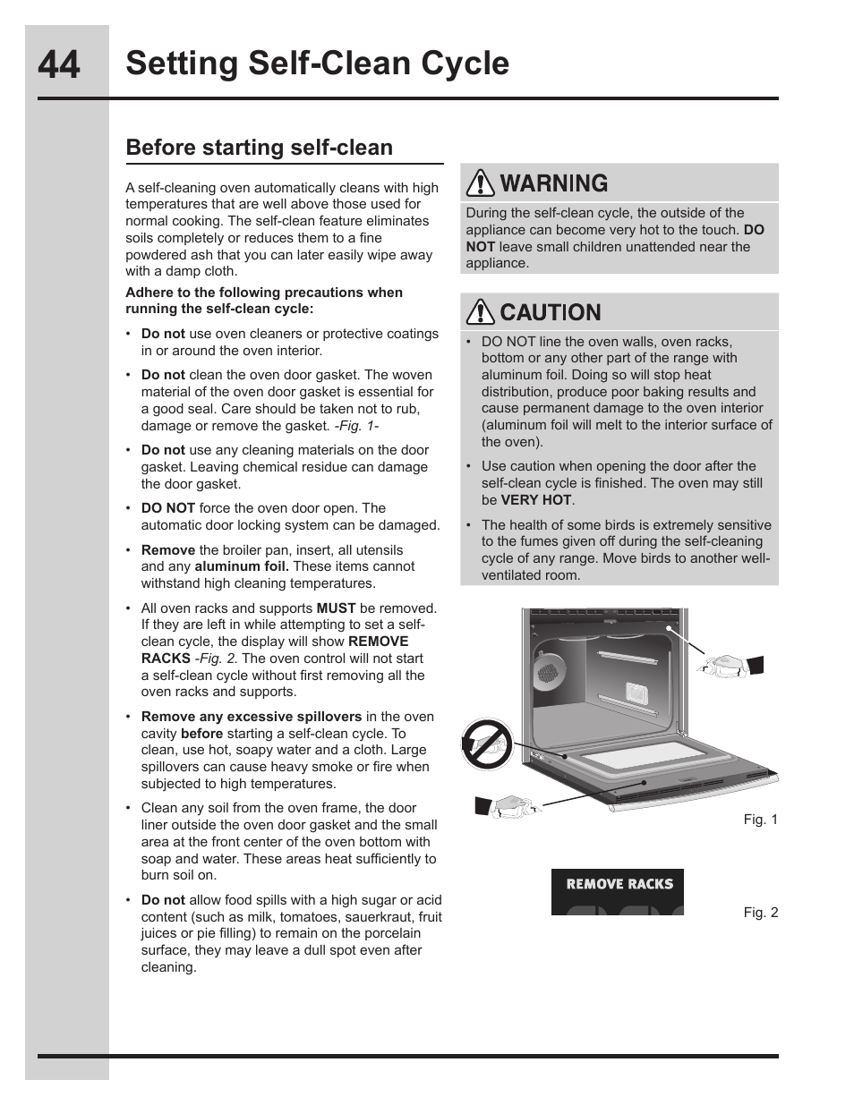 Setting self-clean cycle, Before starting self-clean | Electrolux EW30GS75KS User Manual | Page 44 / 56