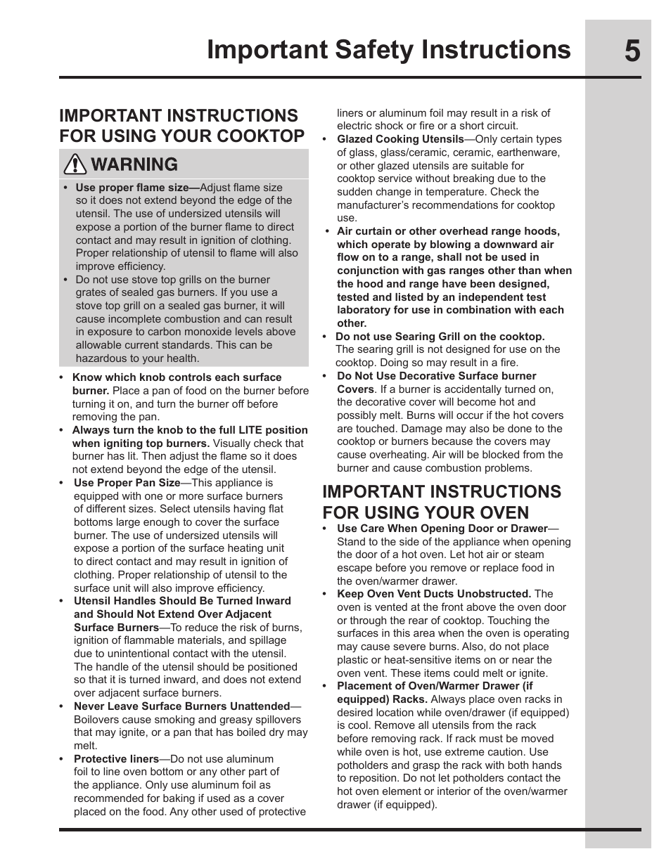 Important safety instructions, Important instructions for using your cooktop, Important instructions for using your oven | Electrolux EW30GS75KS User Manual | Page 5 / 56