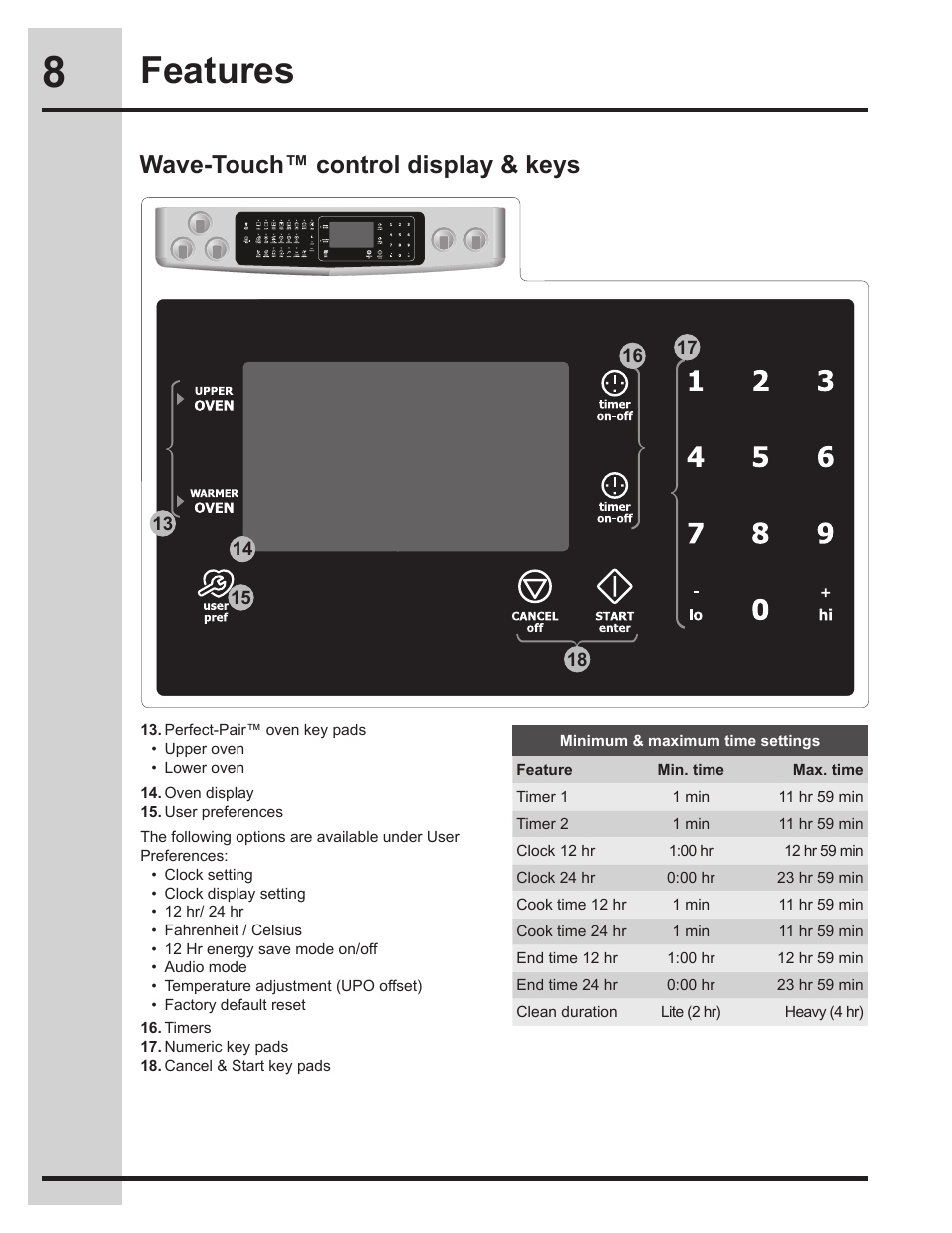 Features, Wave-touch™ control display & keys | Electrolux EW30GS75KS User Manual | Page 8 / 56