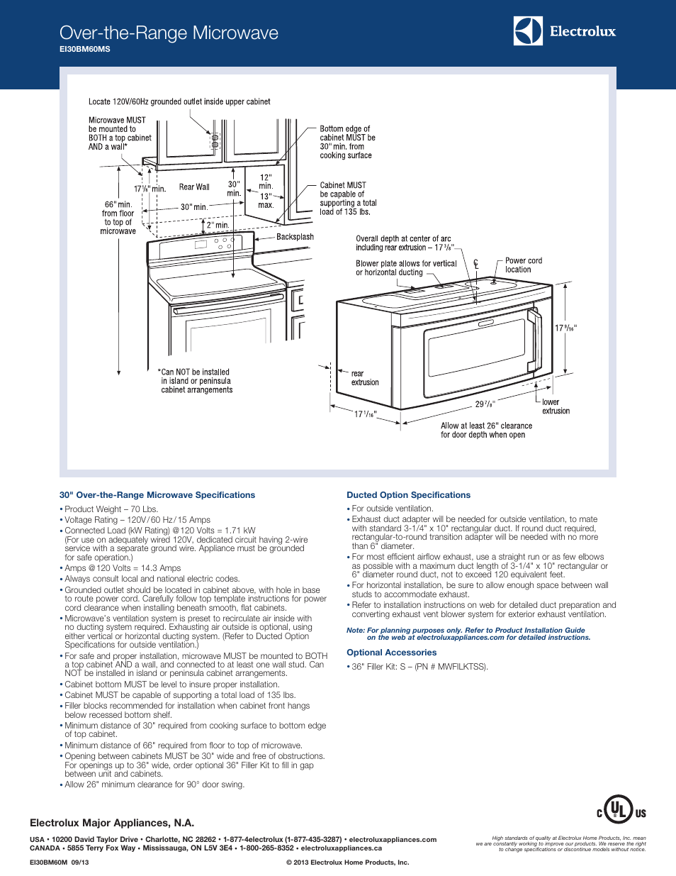 Over-the-range microwave, Electrolux major appliances, n.a | Electrolux EI30BM60MS User Manual | Page 2 / 2