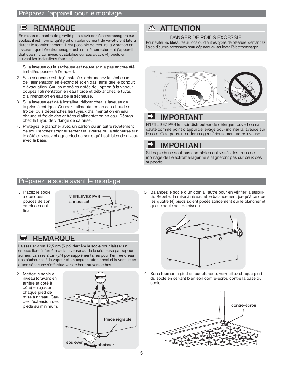 Important, Remarque, Attention | Electrolux EPWD15IW User Manual | Page 5 / 12