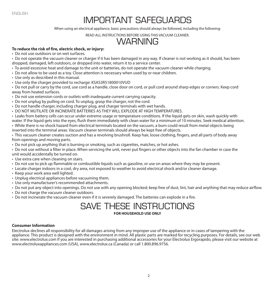 Important safeguards, Warning, Save these instructions | Electrolux EL2010A User Manual | Page 2 / 12