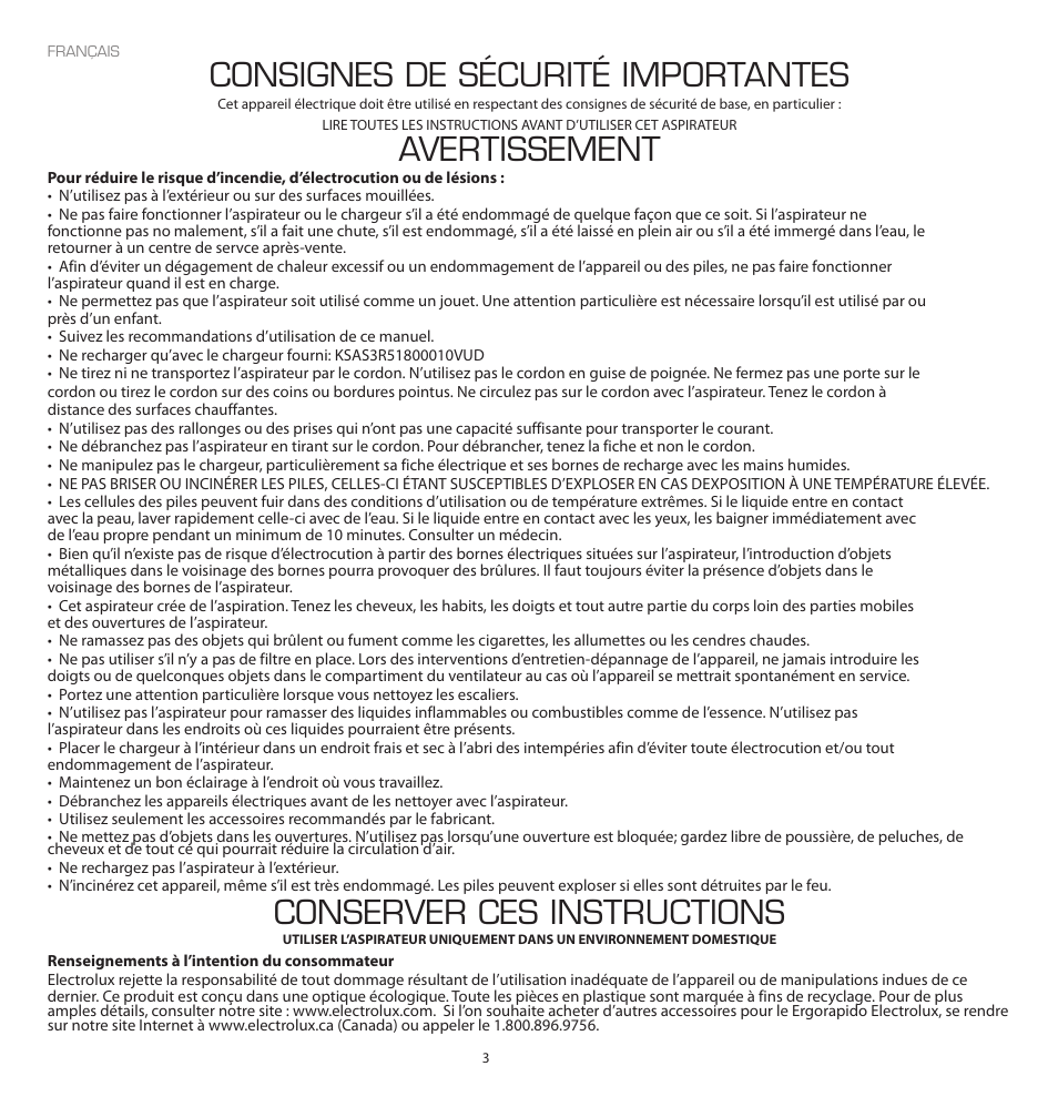 Consignes de sécurité importantes, Avertissement, Conserver ces instructions | Electrolux EL2010A User Manual | Page 3 / 12
