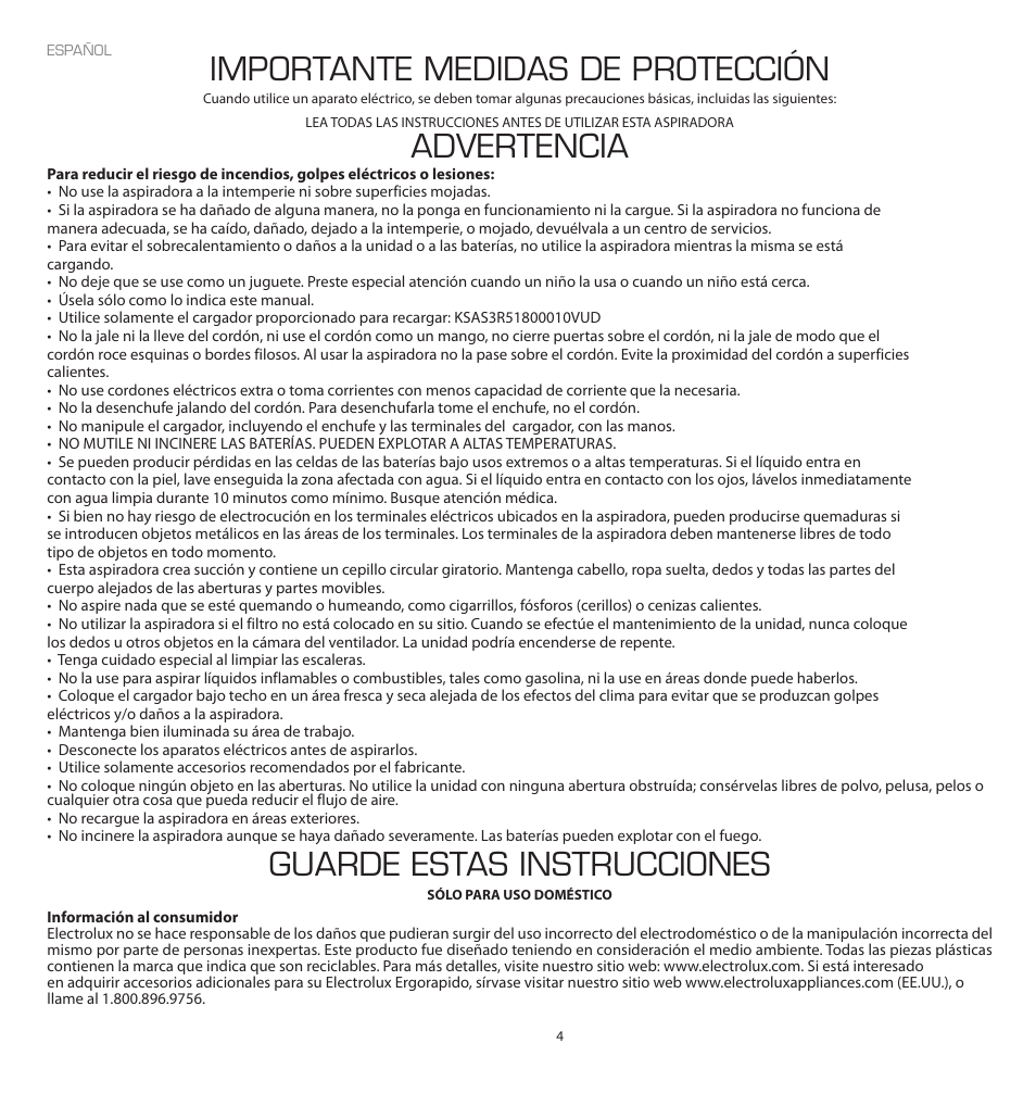 Importante medidas de protección, Advertencia, Guarde estas instrucciones | Electrolux EL2010A User Manual | Page 4 / 12