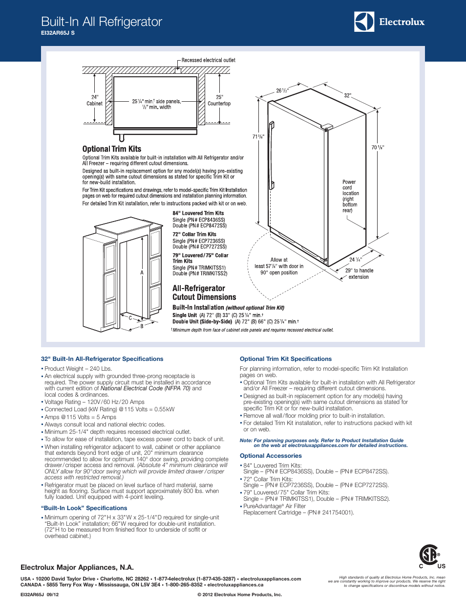 Built-in all refrigerator, Electrolux major appliances, n.a | Electrolux EI32AR65JS User Manual | Page 2 / 5