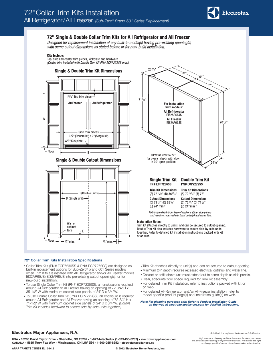 72"collar trim kits installation, All refrigerator/all freezer, Sub-zero | Brand 601 series replacement), Electrolux major appliances, n.a | Electrolux EI32AR65JS User Manual | Page 4 / 5