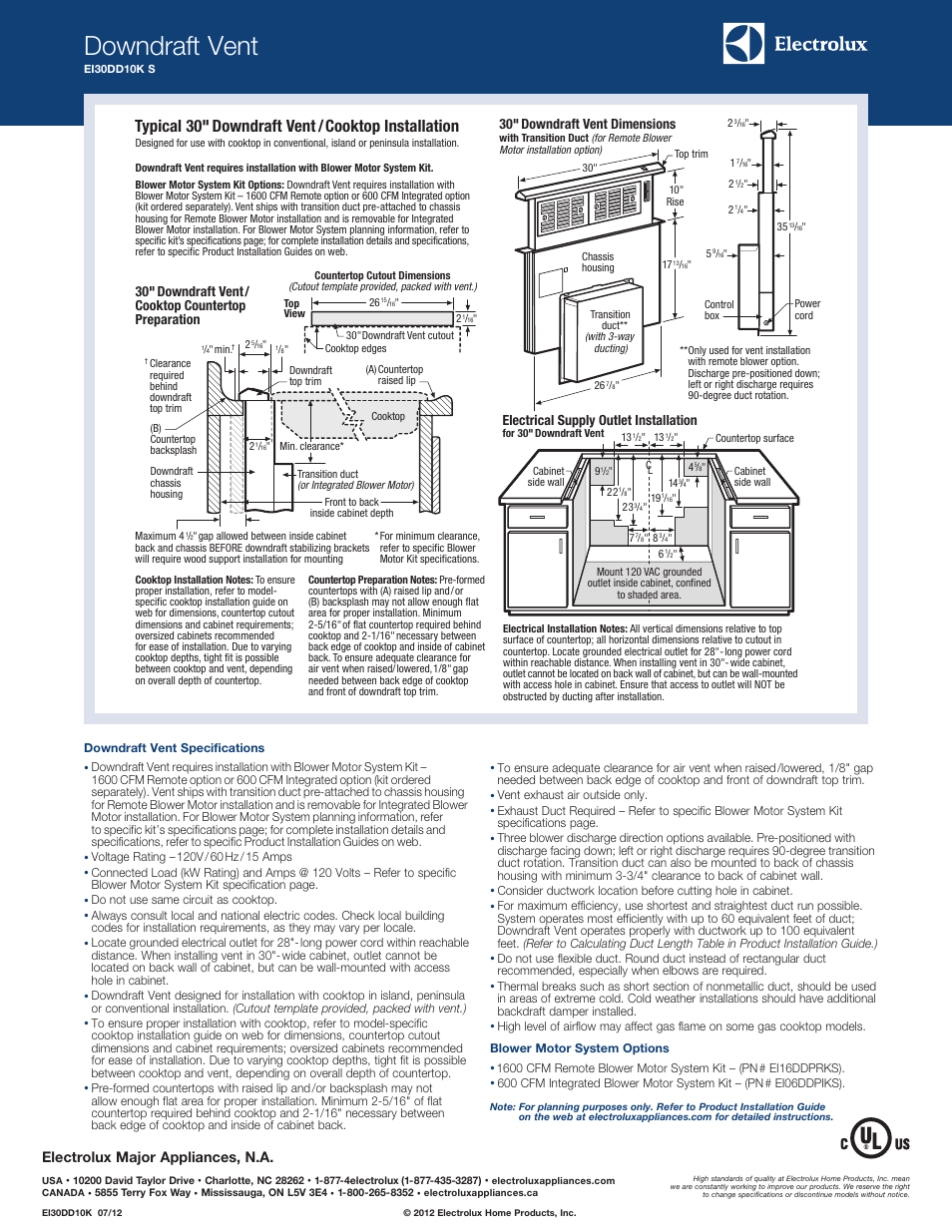 Downdraft vent ei30dd10ks, Downdraft vent, Typical 30" downdraft vent /cooktop installation | Electrolux major appliances, n.a, 30" downdraft vent dimensions, 30" downdraft vent/ cooktop countertop preparation, Electrical supply outlet installation | Electrolux EI30DD10KS User Manual | Page 2 / 4