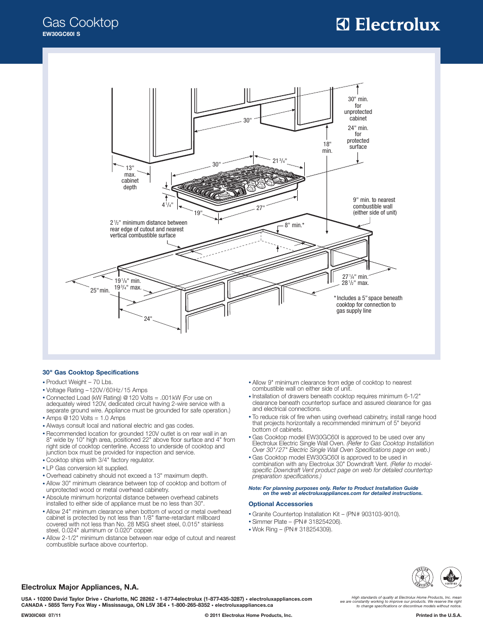 Gas cooktop, Electrolux major appliances, n.a | Electrolux EW30GC60IS User Manual | Page 2 / 4