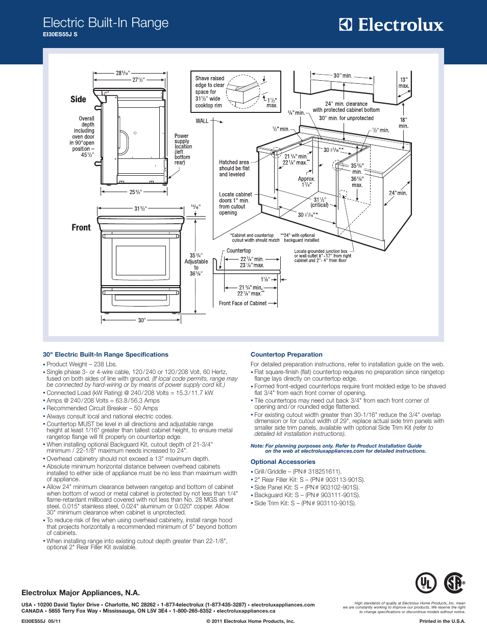 Electric built-in range, Electrolux major appliances, n.a | Electrolux EI30ES55JS User Manual | Page 2 / 2
