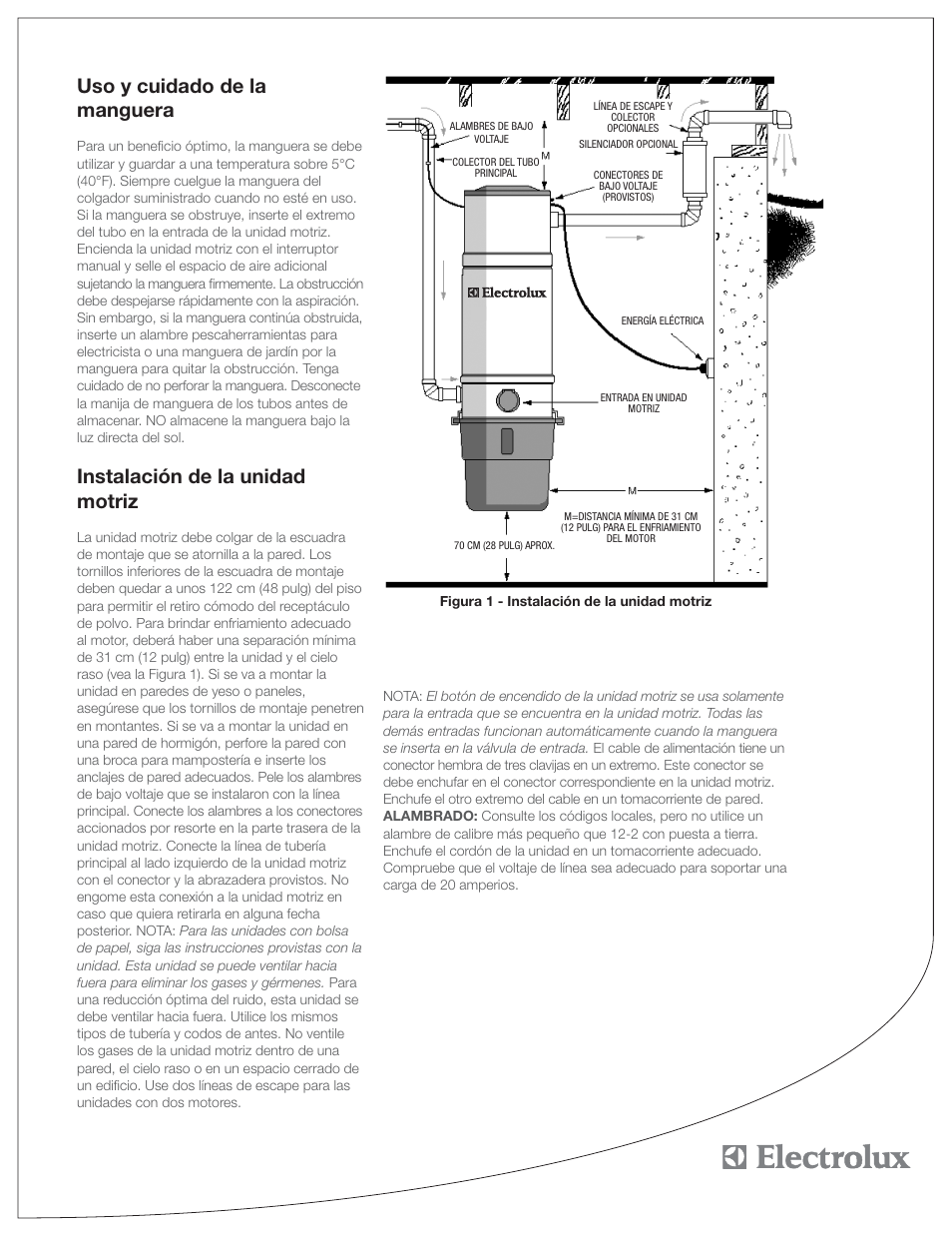Uso y cuidado de la manguera, Instalación de la unidad motriz | Electrolux PU3650 User Manual | Page 11 / 20