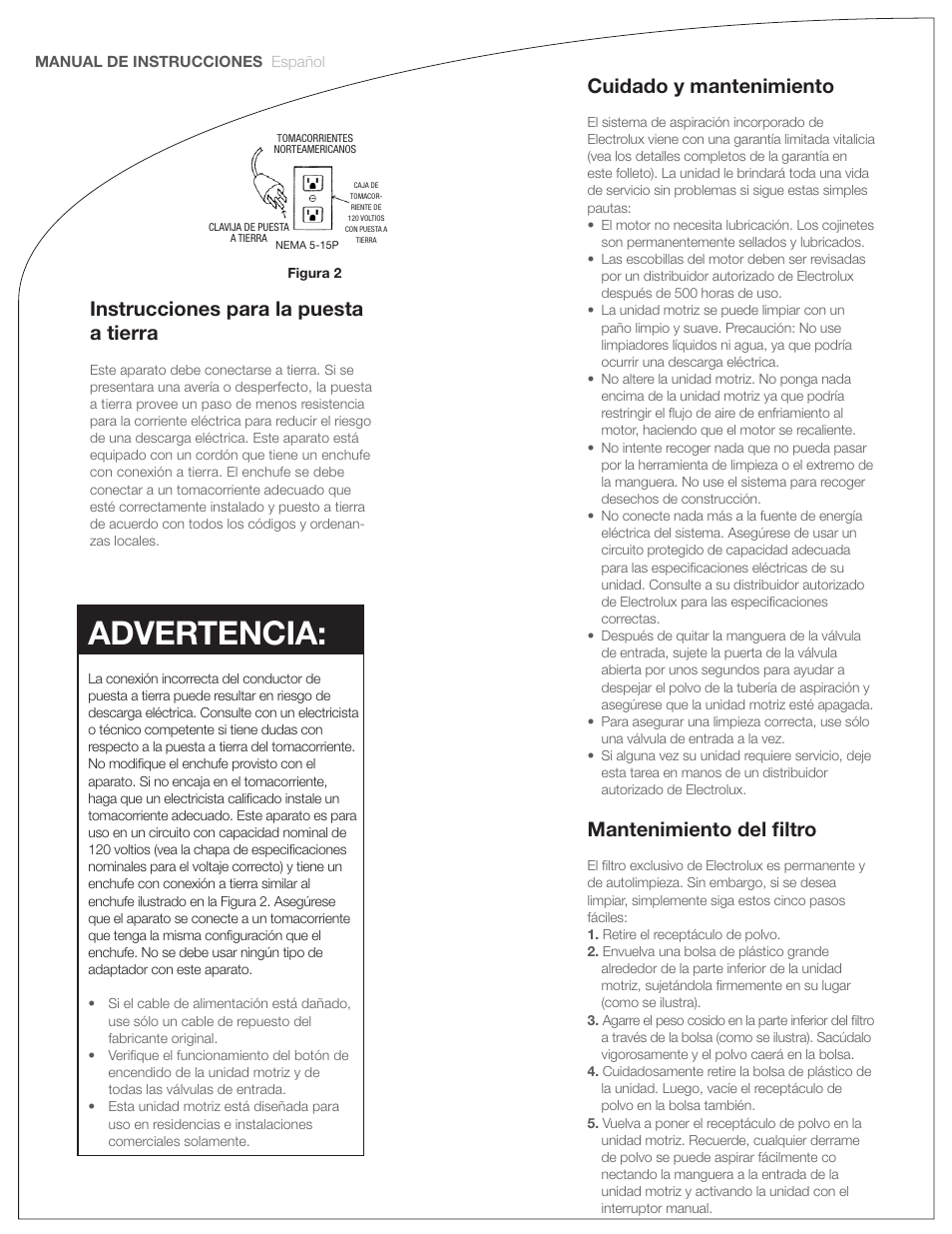 Advertencia, Instrucciones para la puesta a tierra, Cuidado y mantenimiento | Mantenimiento del ﬁltro | Electrolux PU3650 User Manual | Page 12 / 20