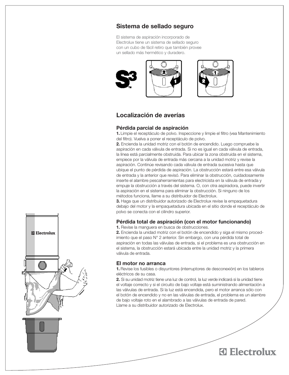 Sistema de sellado seguro, Localización de averías | Electrolux PU3650 User Manual | Page 13 / 20