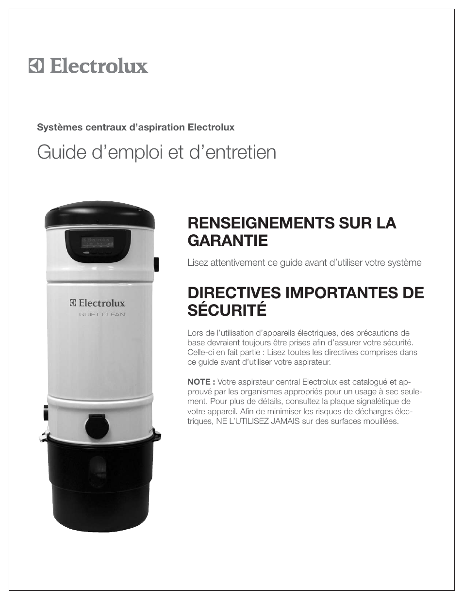 Guide d’emploi et d’entretien, Renseignements sur la garantie, Directives importantes de sécurité | Electrolux PU3650 User Manual | Page 14 / 20