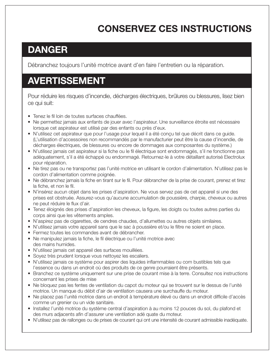 Conservez ces instructions danger, Avertissement | Electrolux PU3650 User Manual | Page 15 / 20
