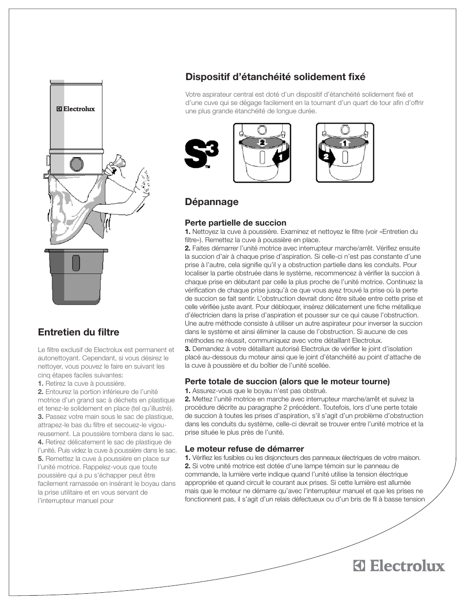 Entretien du ﬁltre, Dispositif d’étanchéité solidement ﬁxé, Dépannage | Electrolux PU3650 User Manual | Page 19 / 20