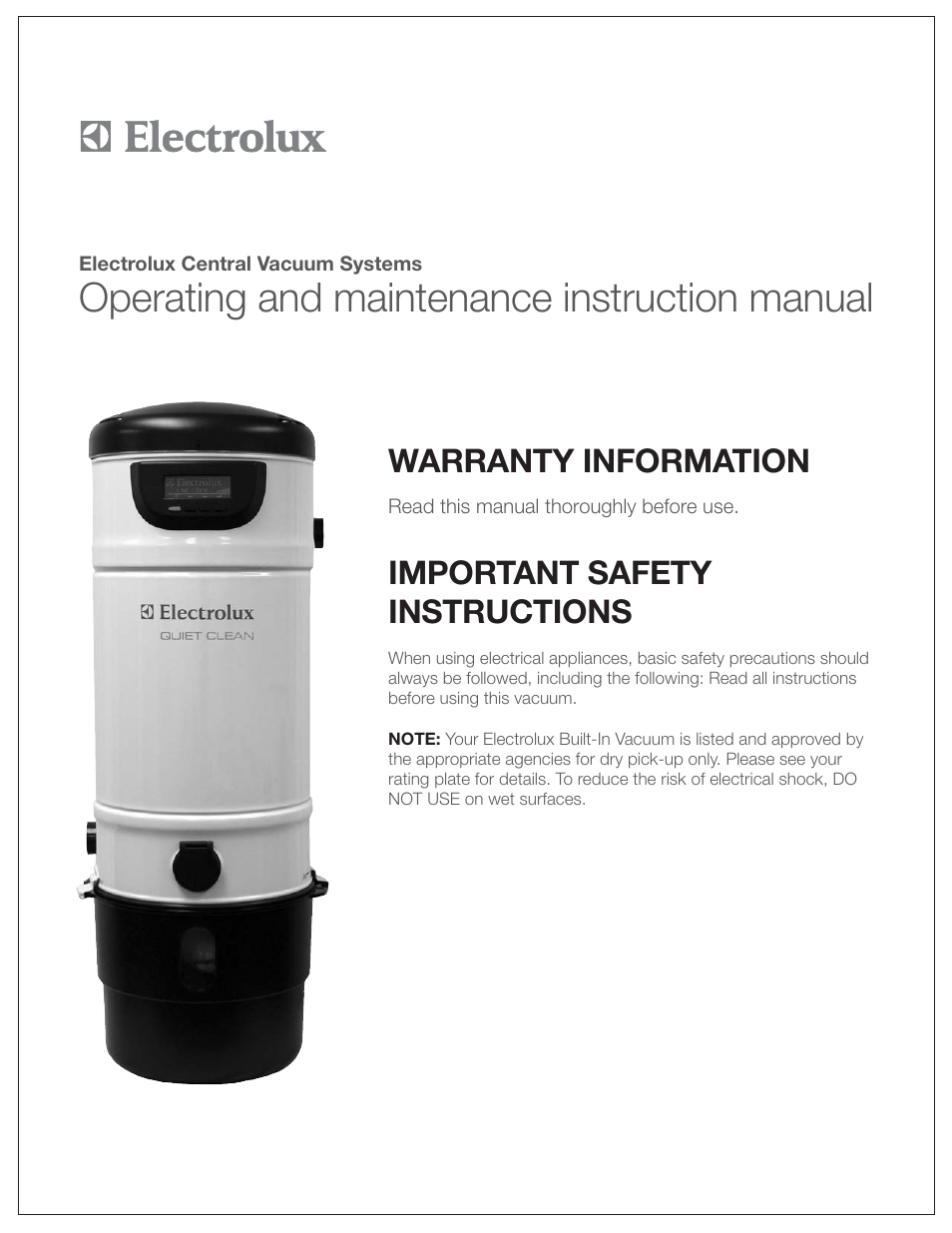 Operating and maintenance instruction manual, Warranty information, Important safety instructions | Electrolux PU3650 User Manual | Page 3 / 20