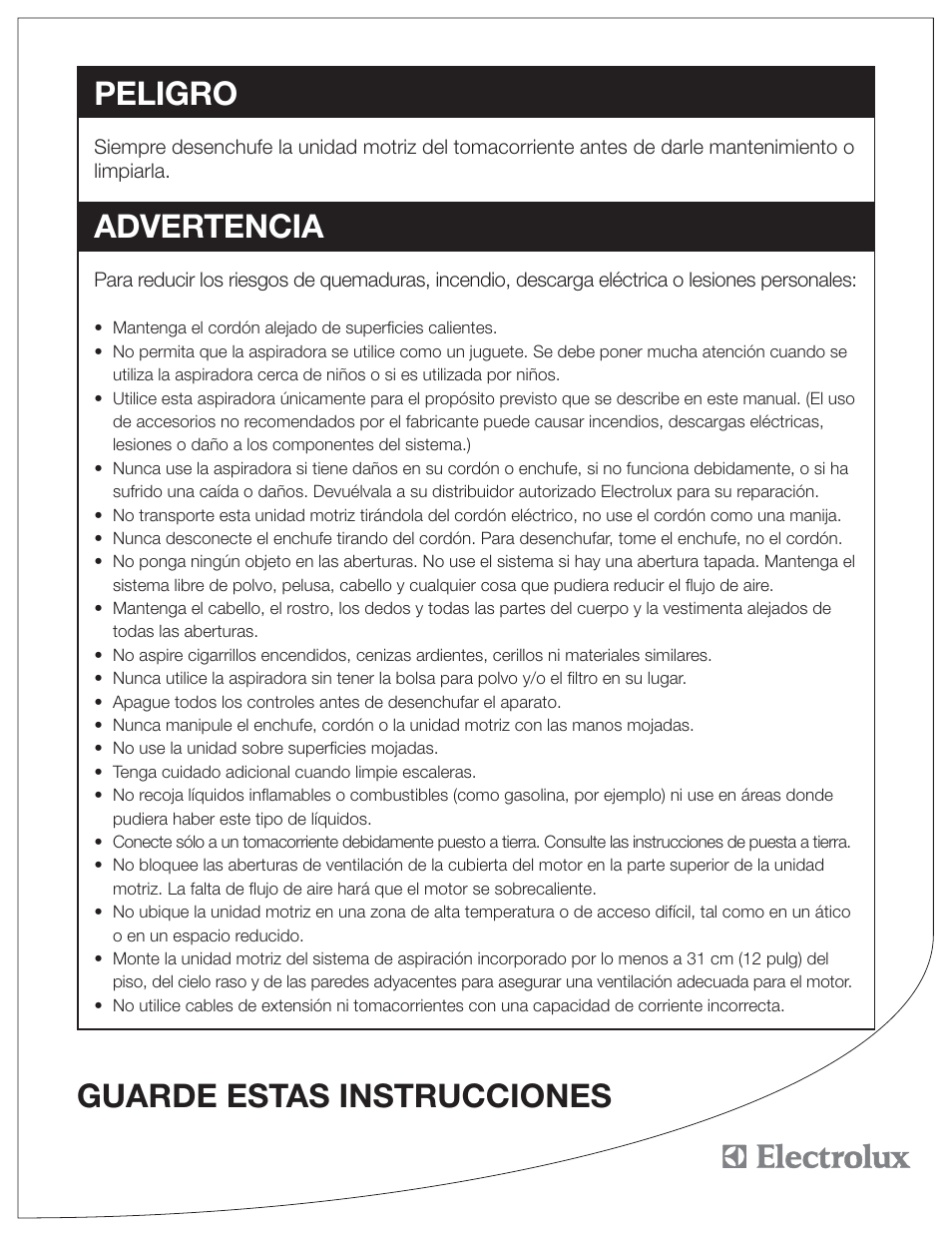 Peligro, Advertencia, Guarde estas instrucciones | Electrolux PU3650 User Manual | Page 9 / 20