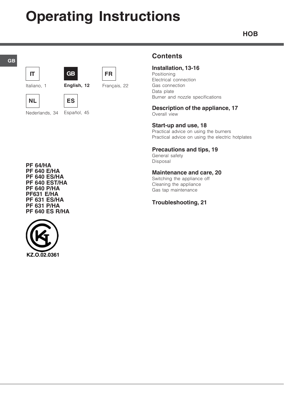 Operating instructions | Hotpoint Ariston PF 640 ES (WH)-HA User Manual | Page 12 / 56