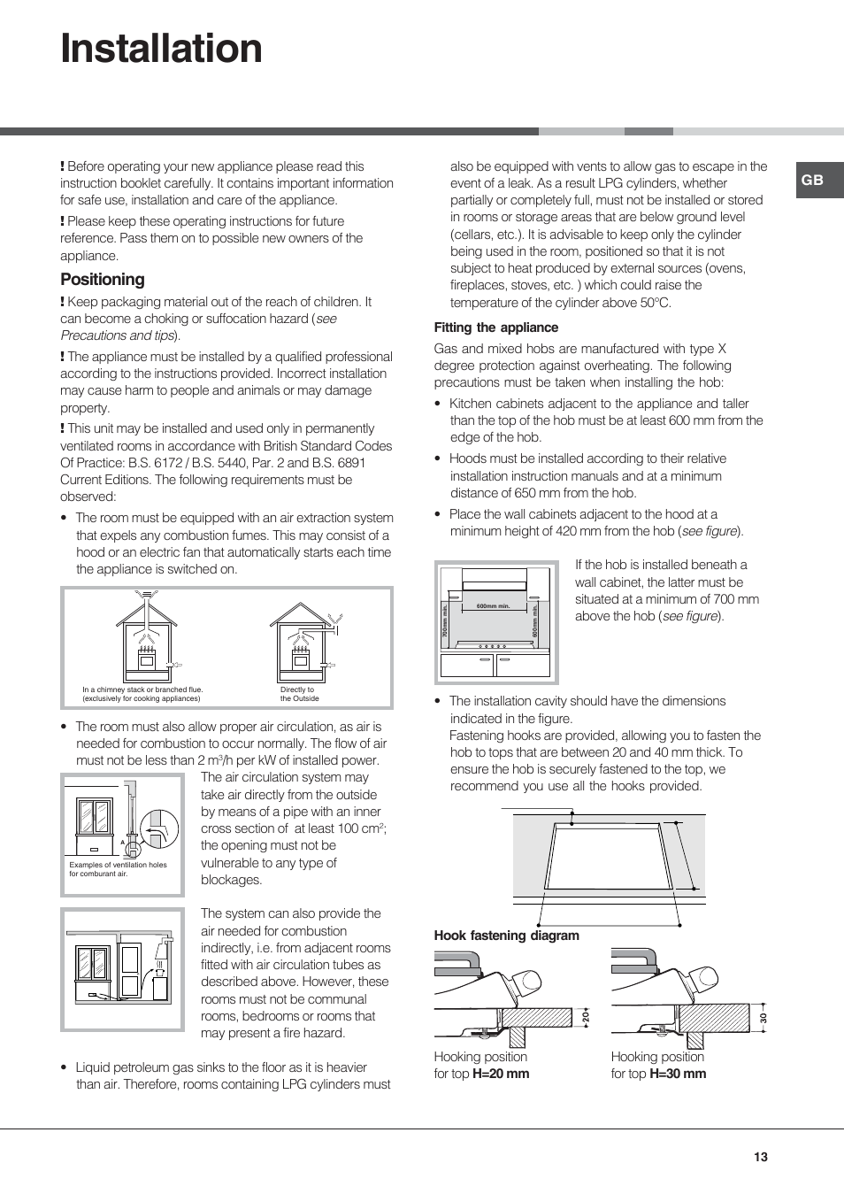 Installation, Positioning | Hotpoint Ariston PF 640 ES (WH)-HA User Manual | Page 13 / 56