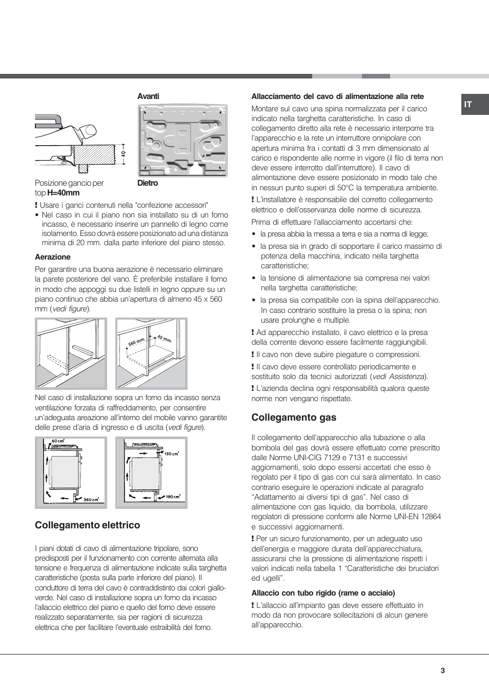 Collegamento elettrico, Collegamento gas | Hotpoint Ariston PF 640 ES (WH)-HA User Manual | Page 3 / 56