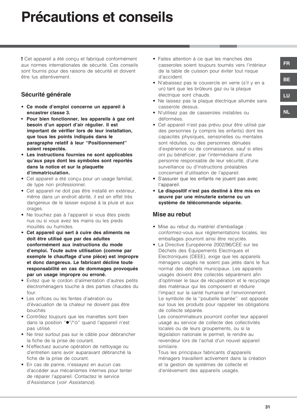 Précautions et conseils | Hotpoint Ariston PF 640 ES (WH)-HA User Manual | Page 31 / 56