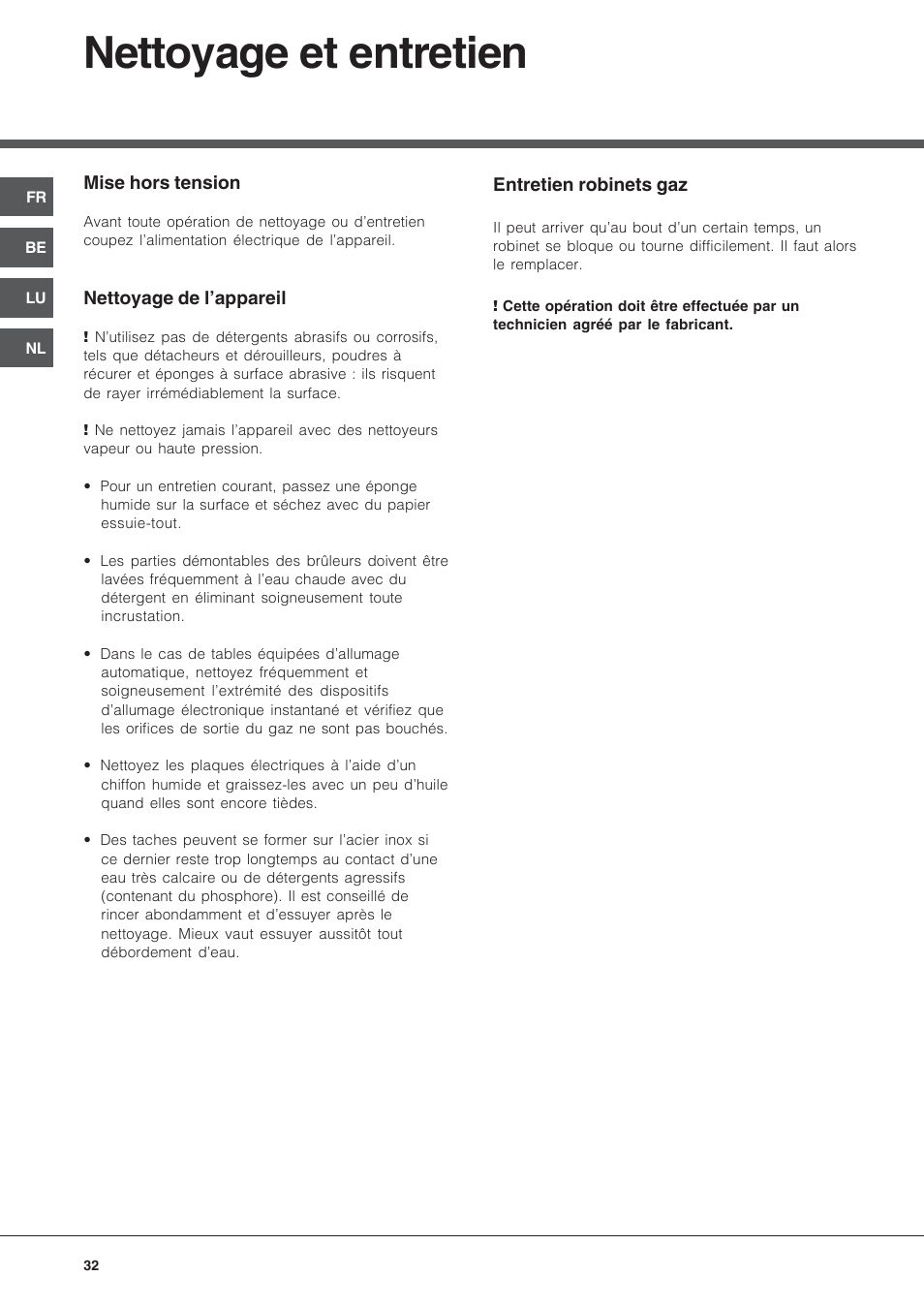 Nettoyage et entretien | Hotpoint Ariston PF 640 ES (WH)-HA User Manual | Page 32 / 56