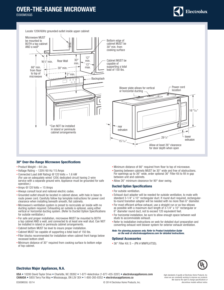 Over-the-range microwave ei30sm35q, Over-the-range microwave | Electrolux EI30SM35QS User Manual | Page 3 / 3