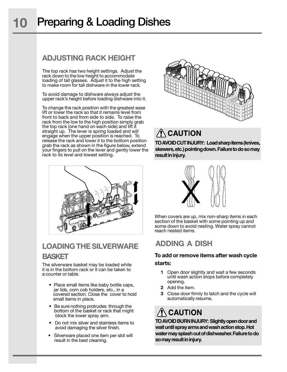 Preparing & loading dishes, Loading the silverware basket, Adding a dish | Adjusting rack height | Electrolux EIDW5905JS User Manual | Page 10 / 72