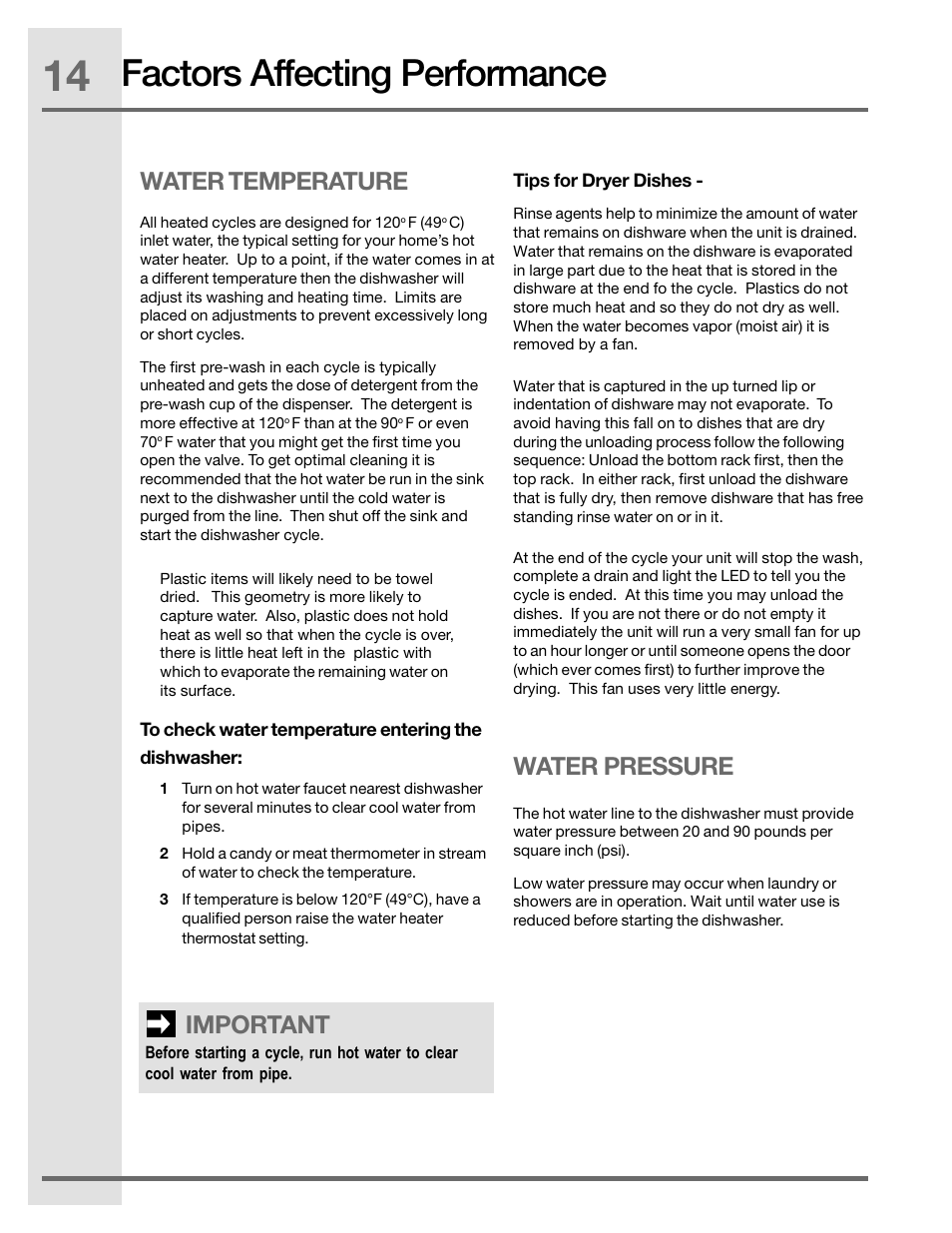 Factors affecting performance, Important, Water temperature water pressure | Electrolux EIDW5905JS User Manual | Page 14 / 72