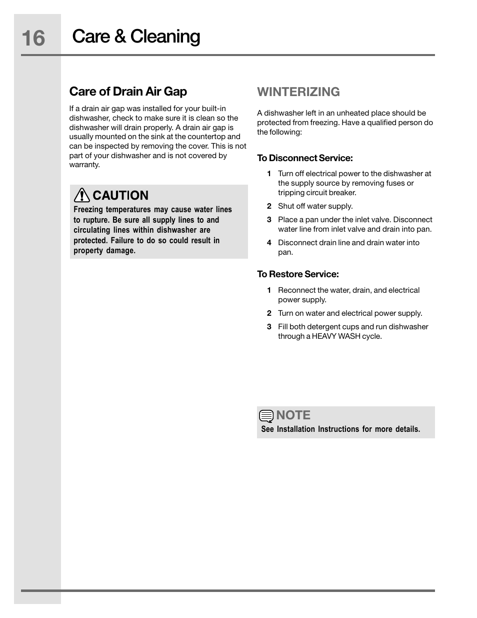 Care & cleaning, Care of drain air gap, Winterizing | Electrolux EIDW5905JS User Manual | Page 16 / 72