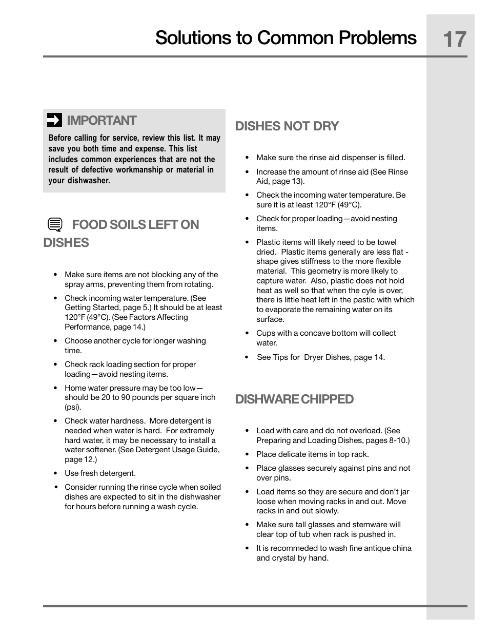 Solutions to common problems, Important, Food soils left on dishes | Dishes not dry, Dishware chipped | Electrolux EIDW5905JS User Manual | Page 17 / 72