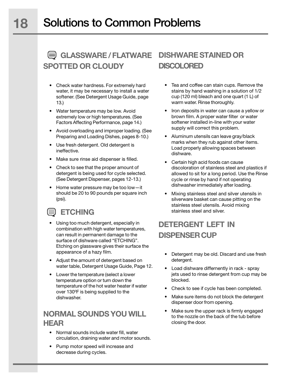 Solutions to common problems, Glassware / flatware spotted or cloudy, Dishware stained or discolored | Detergent left in dispenser cup, Normal sounds you will hear etching | Electrolux EIDW5905JS User Manual | Page 18 / 72