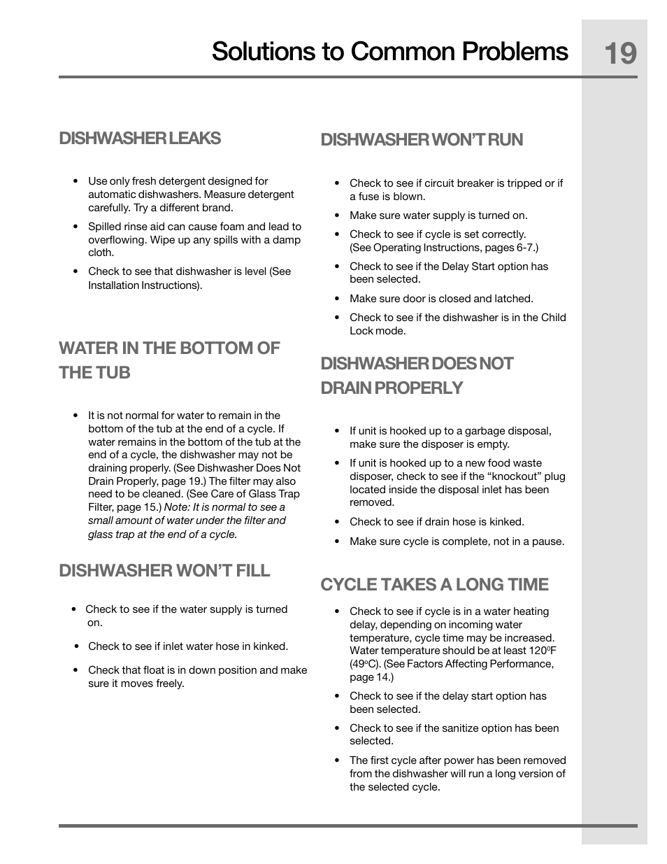 Solutions to common problems, Dishwasher leaks, Water in the bottom of the tub | Dishwasher won’t run, Dishwasher does not drain properly, Dishwasher won’t fill, Cycle takes a long time | Electrolux EIDW5905JS User Manual | Page 19 / 72