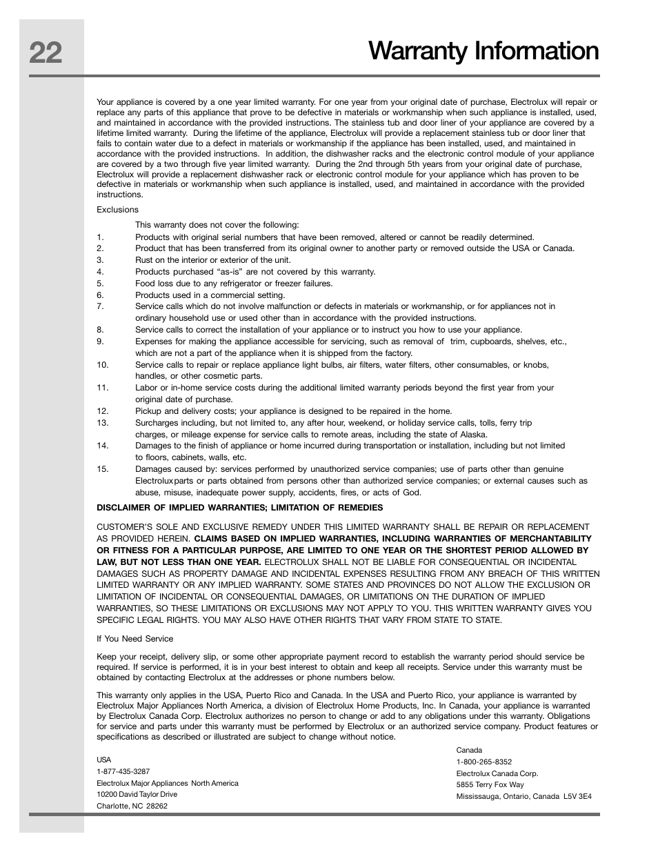 Warranty information | Electrolux EIDW5905JS User Manual | Page 22 / 72