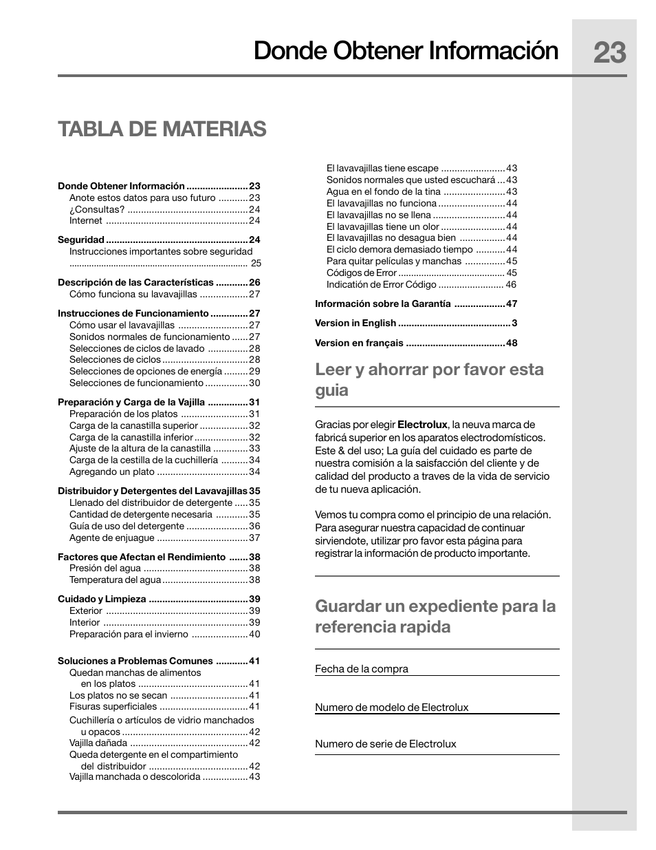 Donde obtener información, Tabla de materias | Electrolux EIDW5905JS User Manual | Page 23 / 72