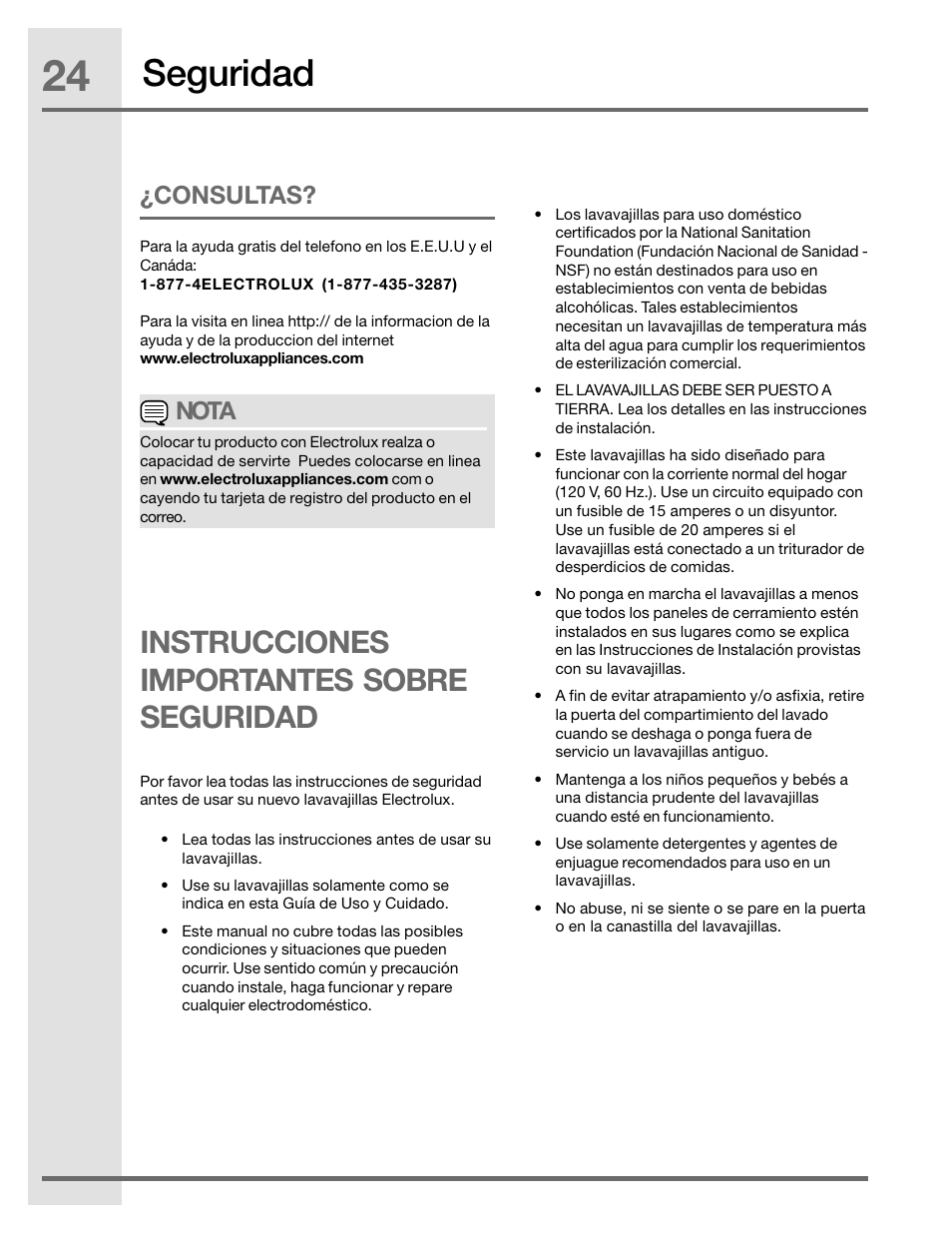 Seguridad, Instrucciones importantes sobre seguridad, Nota | Consultas | Electrolux EIDW5905JS User Manual | Page 24 / 72