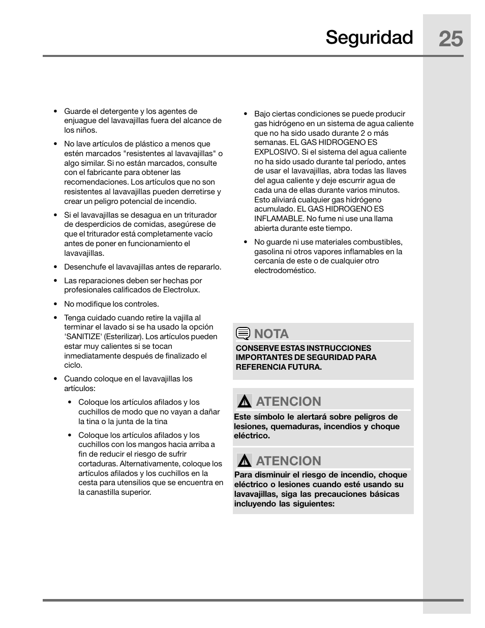 Seguridad, Nota, Atencion | Electrolux EIDW5905JS User Manual | Page 25 / 72