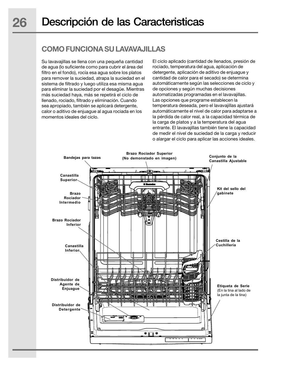 Descripción de las caracteristicas, Como funciona su lavavajillas | Electrolux EIDW5905JS User Manual | Page 26 / 72