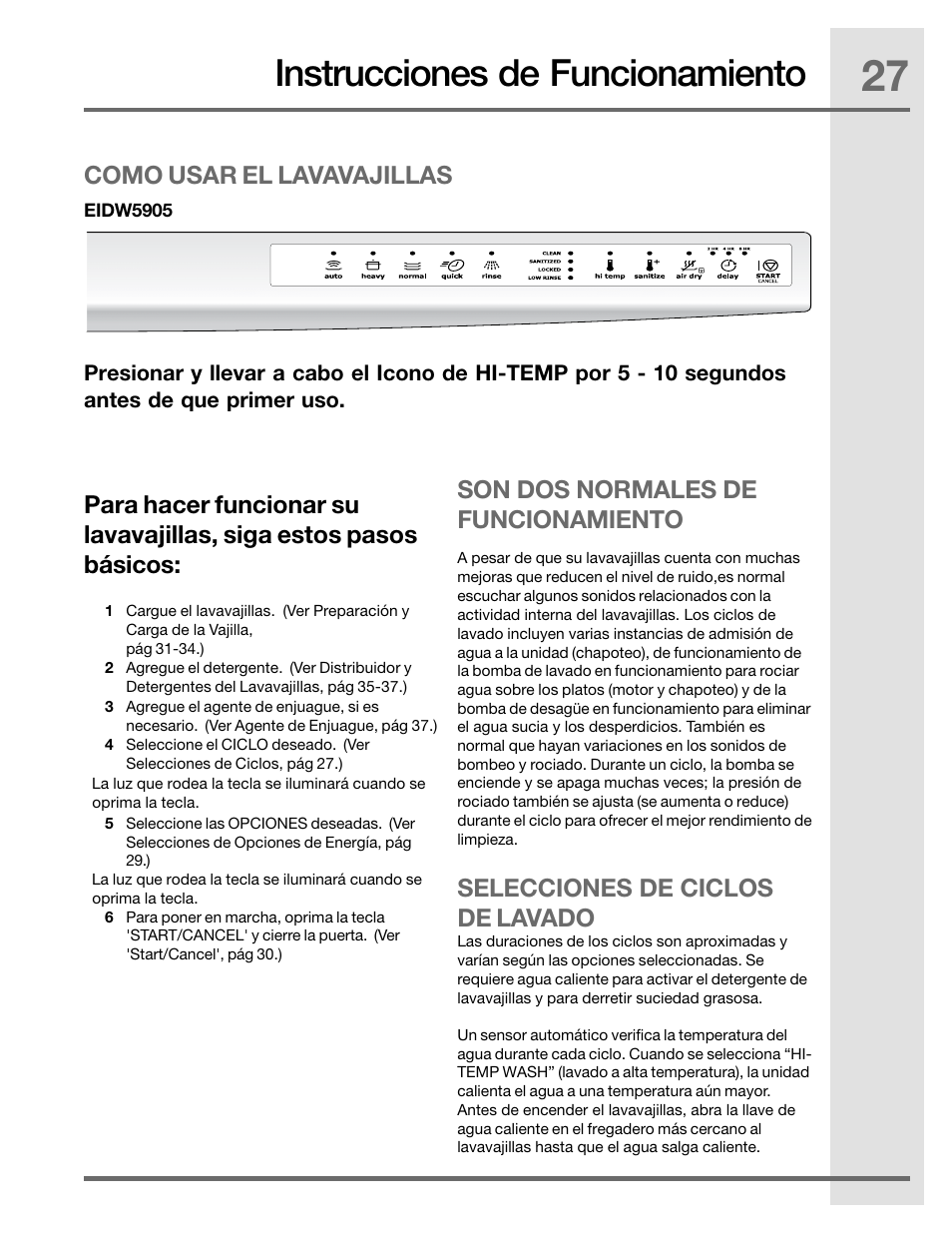 Instrucciones de funcionamiento, Como usar el lavavajillas | Electrolux EIDW5905JS User Manual | Page 27 / 72