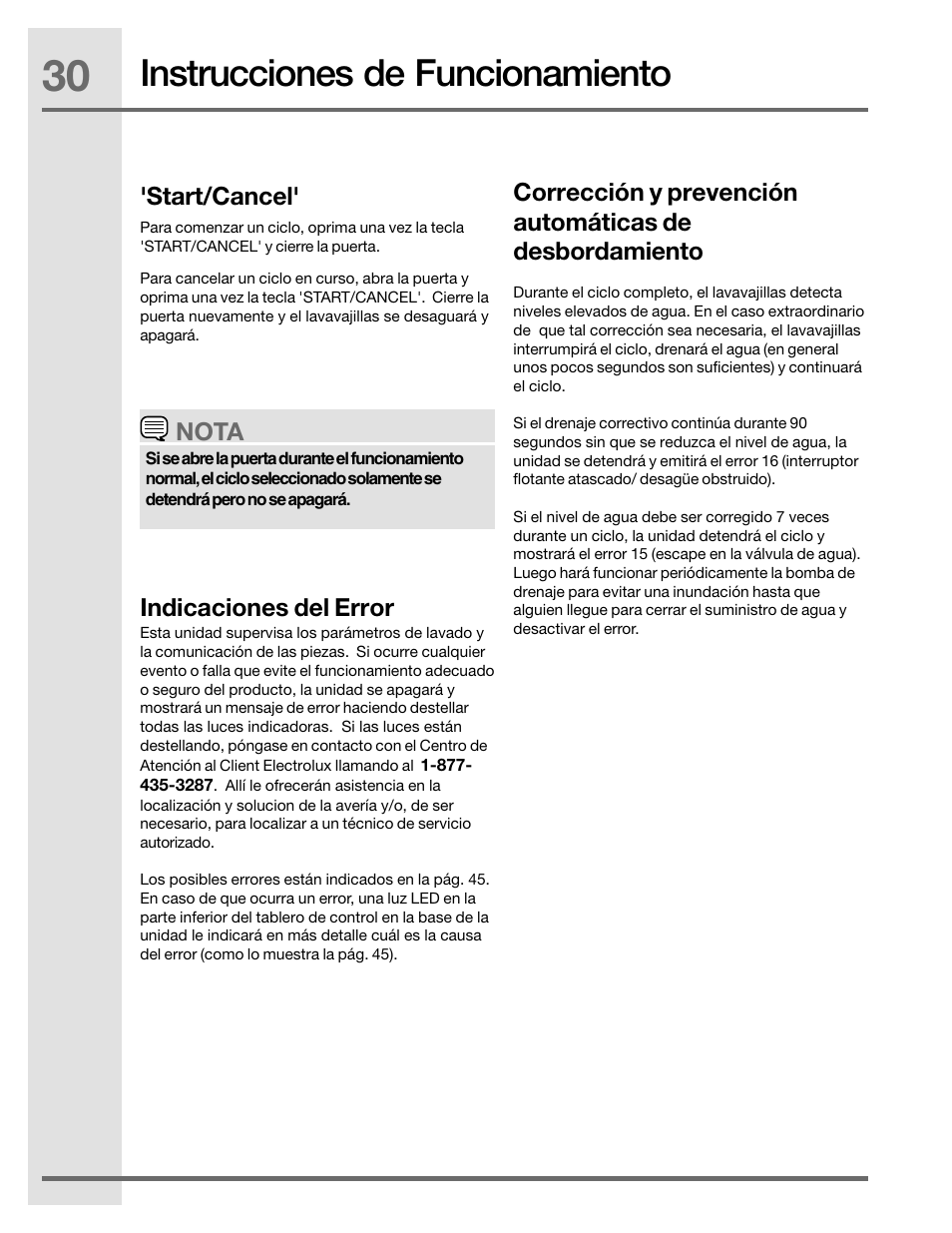 Instrucciones de funcionamiento, Start/cancel, Indicaciones del error | Nota | Electrolux EIDW5905JS User Manual | Page 30 / 72