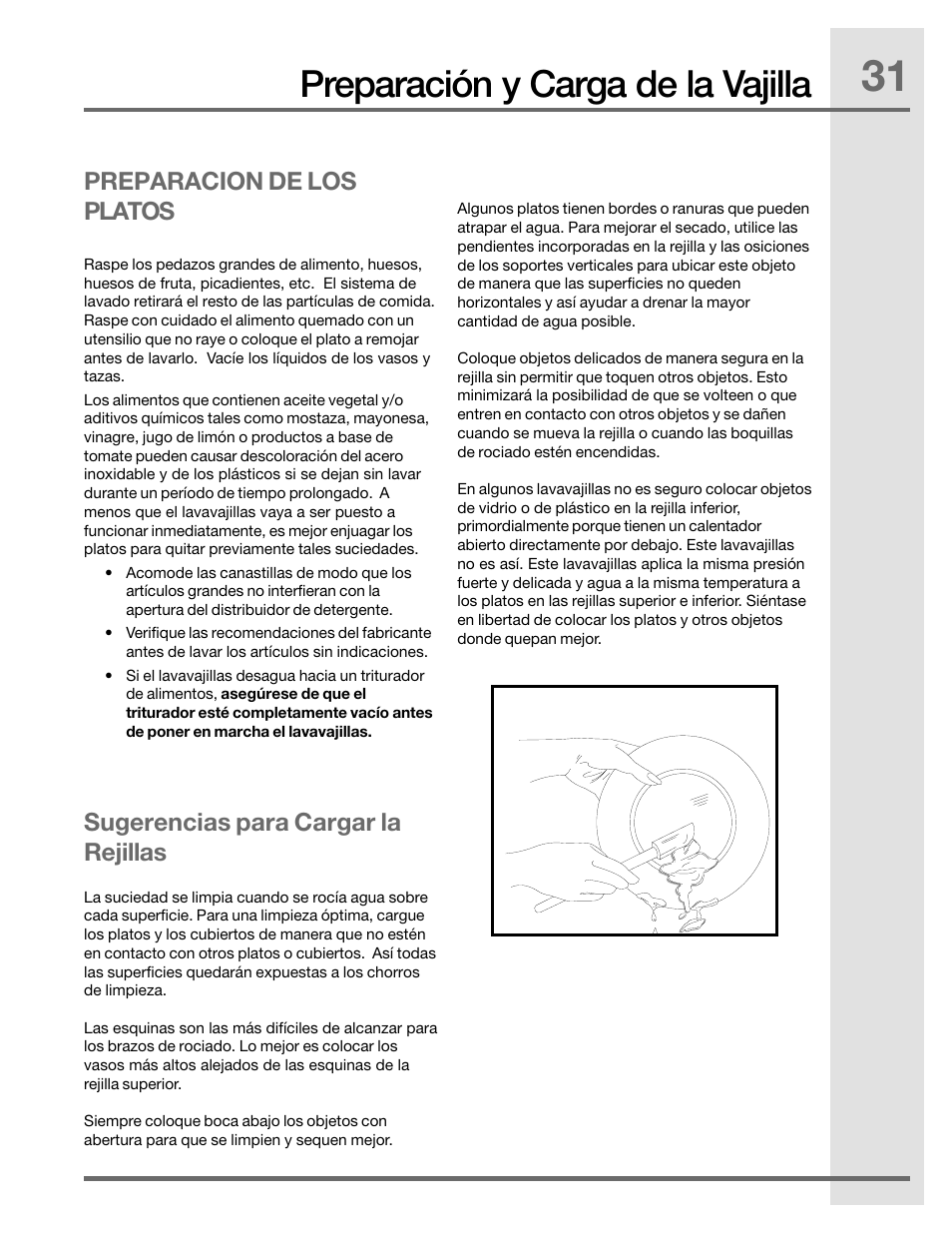 Preparación y carga de la vajilla, Preparacion de los platos, Sugerencias para cargar la rejillas | Electrolux EIDW5905JS User Manual | Page 31 / 72