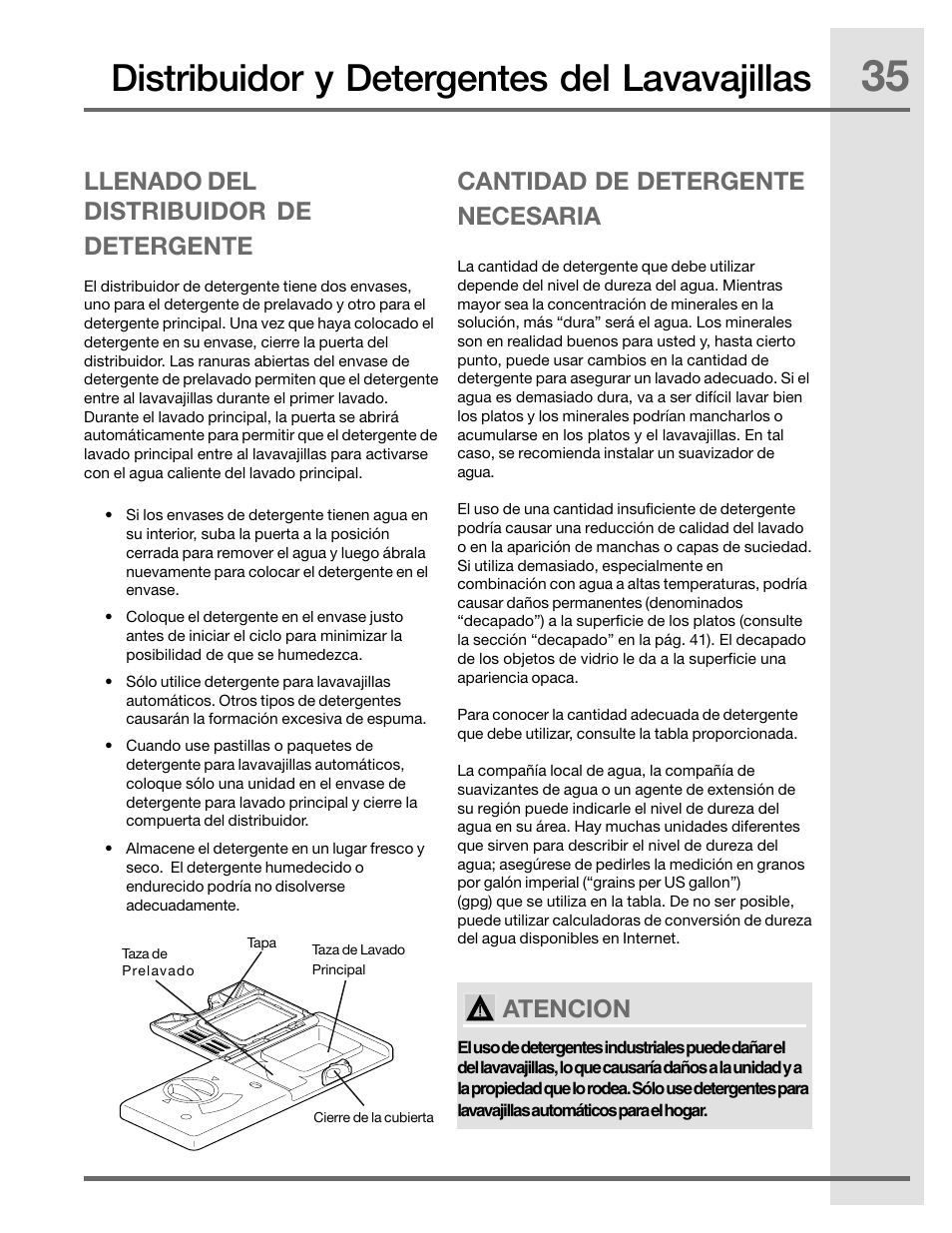 Distribuidor y detergentes del lavavajillas, Atencion | Electrolux EIDW5905JS User Manual | Page 35 / 72