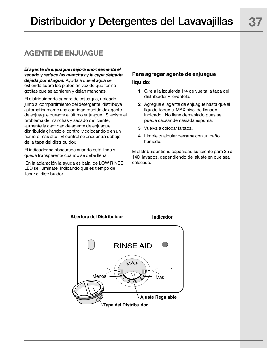 Distribuidor y detergentes del lavavajillas, Agente de enjuague | Electrolux EIDW5905JS User Manual | Page 37 / 72