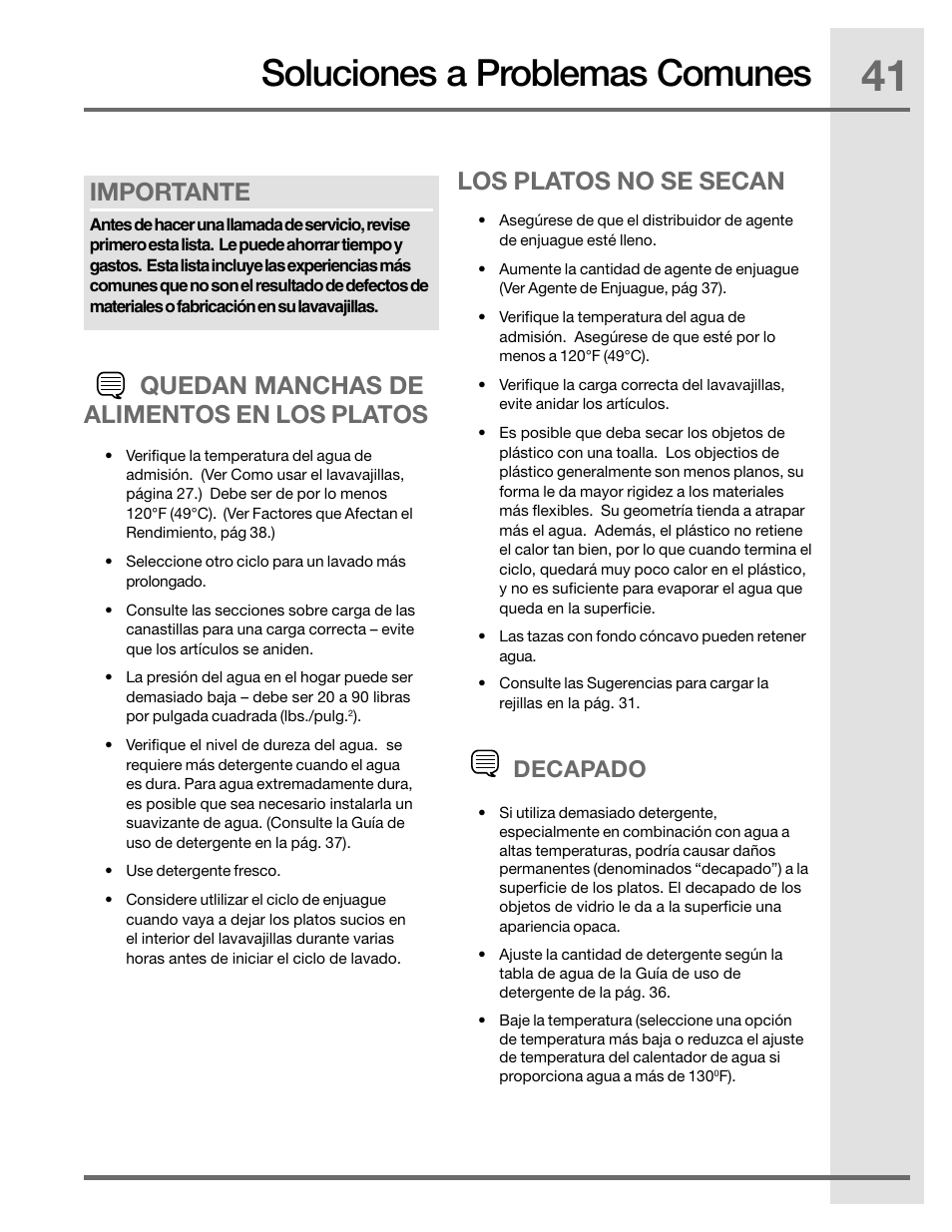 Soluciones a problemas comunes, Importante, Decapado | Electrolux EIDW5905JS User Manual | Page 41 / 72