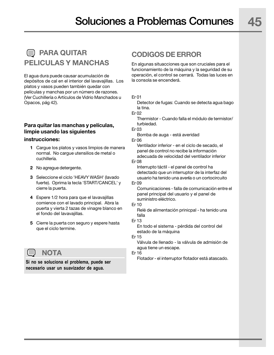 Soluciones a problemas comunes, Para quitar peliculas y manchas, Nota | Codigos de error | Electrolux EIDW5905JS User Manual | Page 45 / 72