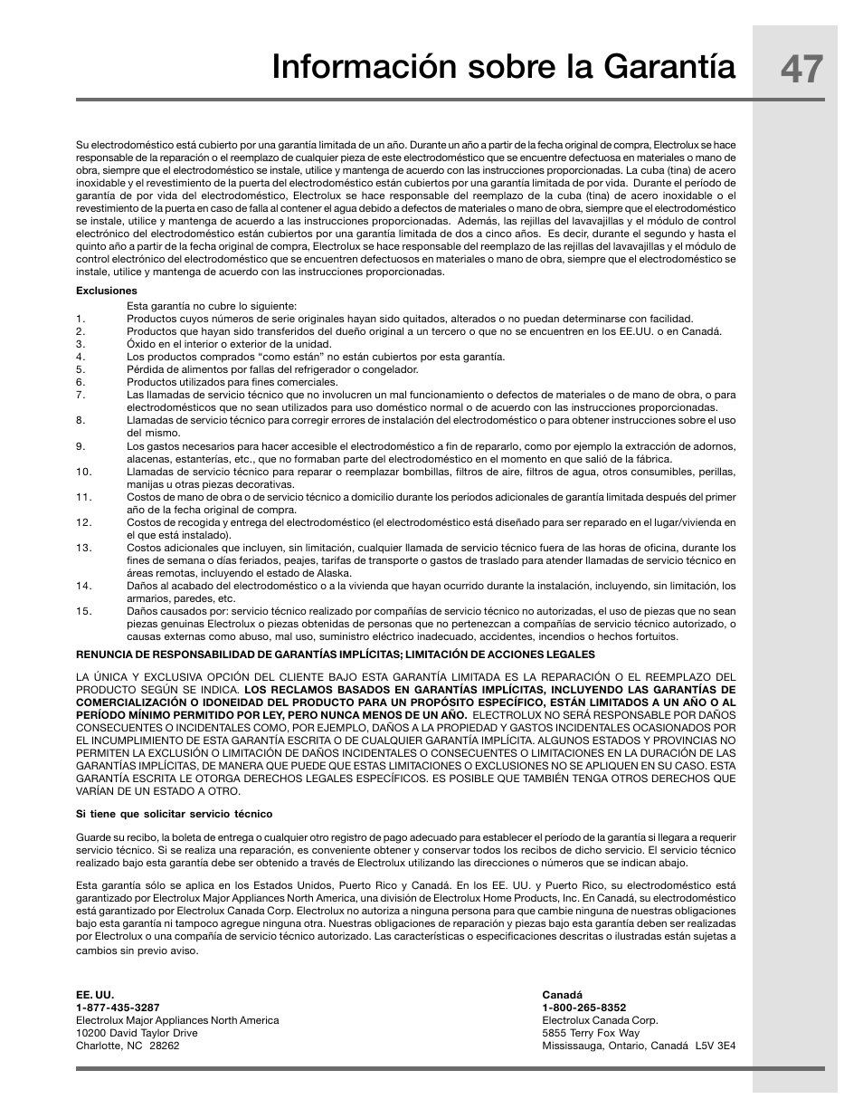 Información sobre la garantía | Electrolux EIDW5905JS User Manual | Page 47 / 72