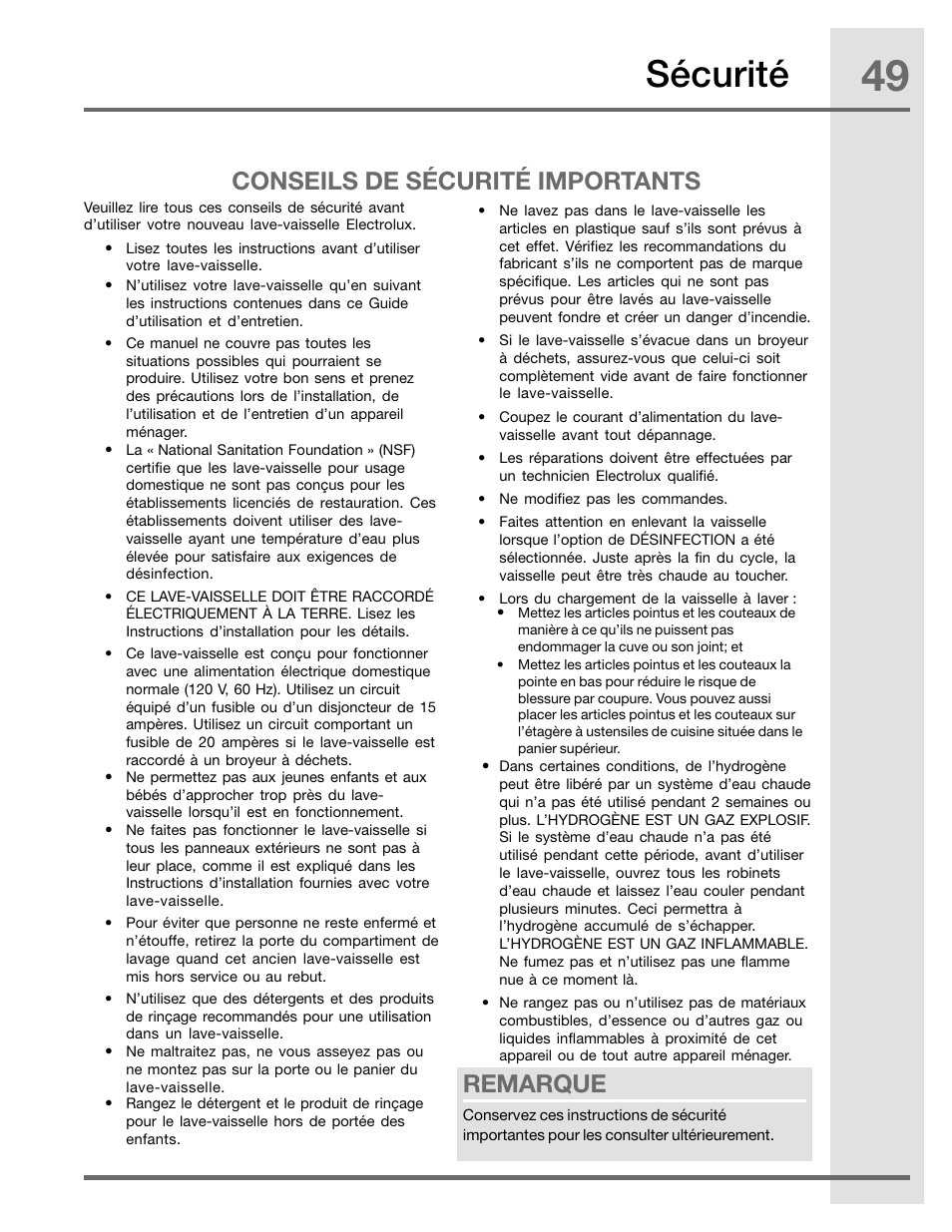 Sécurité, Conseils de sécurité importants, Remarque | Electrolux EIDW5905JS User Manual | Page 49 / 72